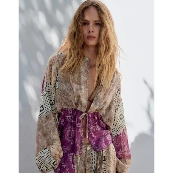 Zara Boho Patchwork Tie Front Blouse - Picture 1 of 7